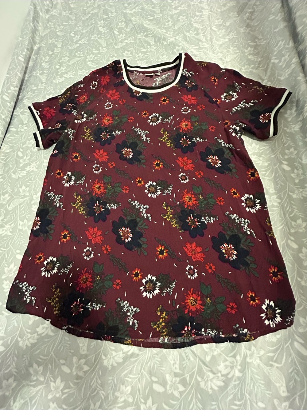 twik Burgundy Floral Short Sleeve Tunic with Contrast Trim